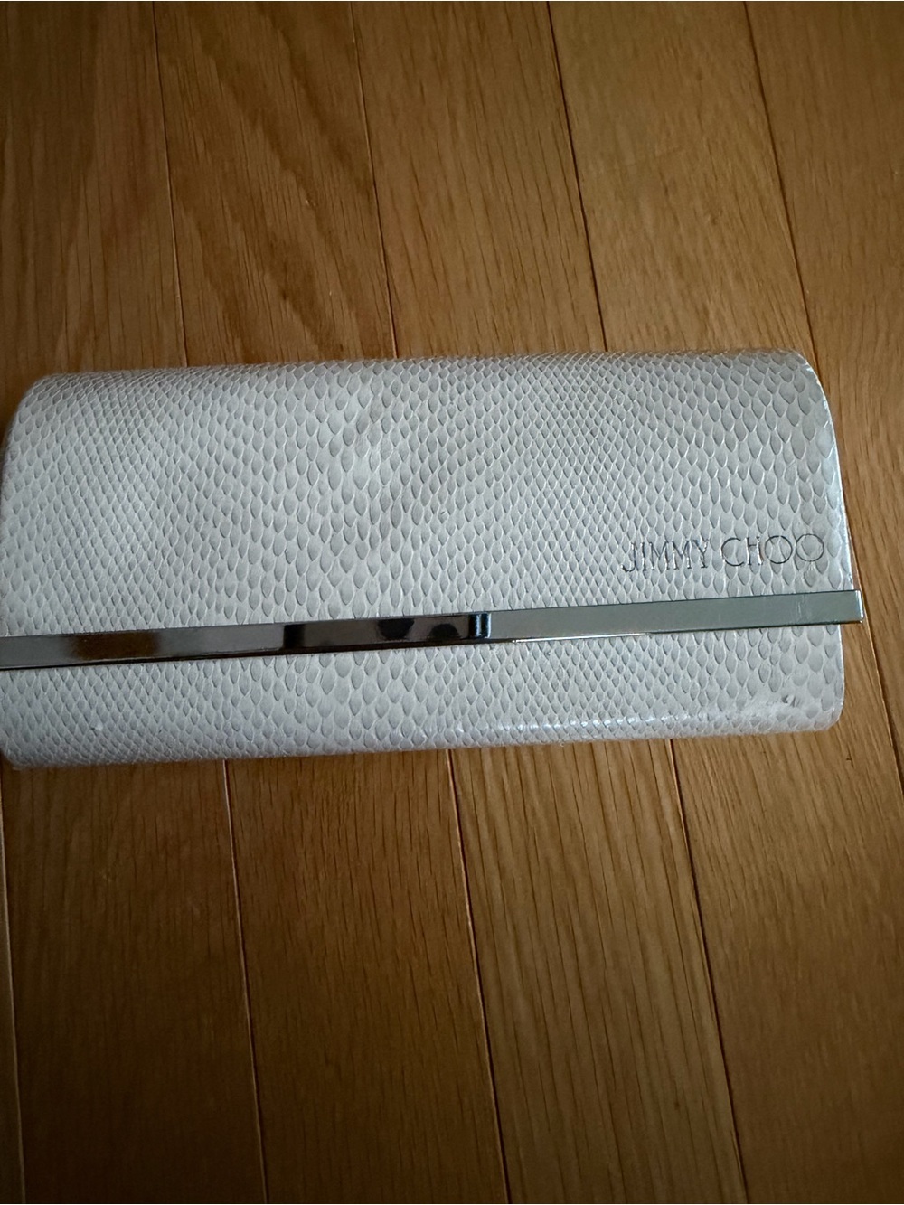 Jimmy Choo Cream Textured Snake-Embossed Glass Case with Silver Accent - Picture 2 of 10